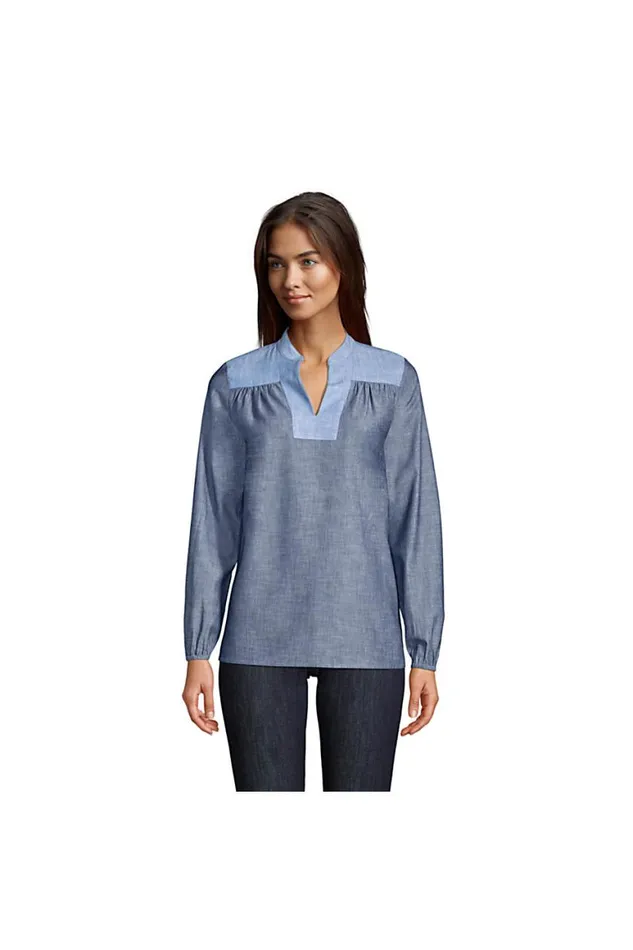 Lands039 End Shirts and Blouses Women Chambray Mix Peasant Top Dark Indigo Chambray Lands039 End Shirts and Blouses Women Chambray Mix Peasant Top Dark Indigo Chambray