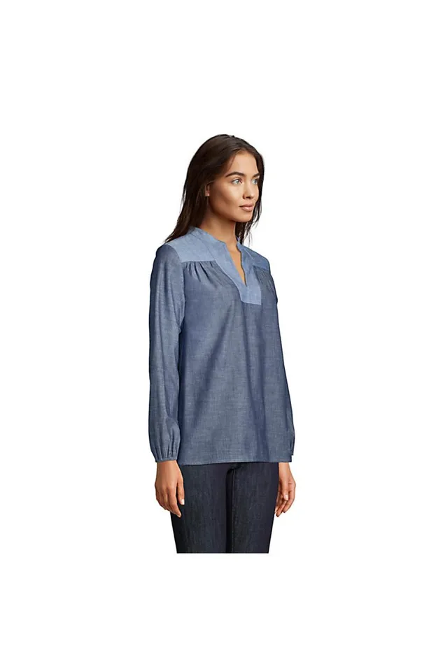 Lands039 End Shirts and Blouses Women Chambray Mix Peasant Top Dark Indigo Chambray Lands039 End Shirts and Blouses Women Chambray Mix Peasant Top Dark Indigo Chambray