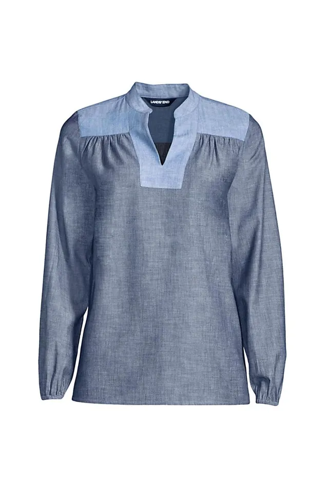 Lands039 End Shirts and Blouses Women Chambray Mix Peasant Top Dark Indigo Chambray Lands039 End Shirts and Blouses Women Chambray Mix Peasant Top Dark Indigo Chambray