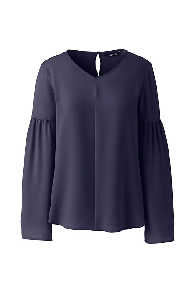 Lands039 End Shirts and Blouses Women Petite Vneck Flare Sleeve Crepe Blouse True Navy Lands039 End Shirts and Blouses Women Petite Vneck Flare Sleeve Crepe Blouse True Navy