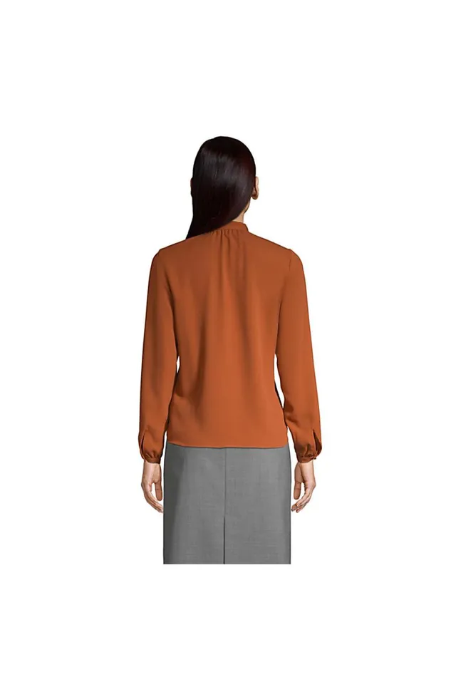 Lands039 End Shirts and Blouses Women Polyester Crepe Long Sleeve Tie Neck Popover Blouse Vintage Peony