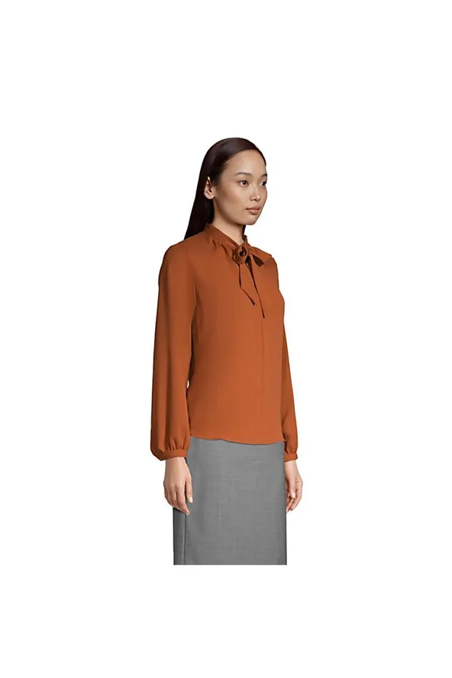 Lands039 End Shirts and Blouses Women Polyester Crepe Long Sleeve Tie Neck Popover Blouse Vintage Peony