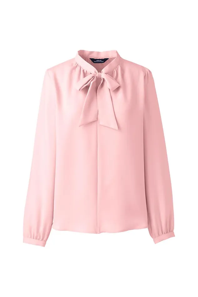 Lands039 End Shirts and Blouses Women Polyester Crepe Long Sleeve Tie Neck Popover Blouse Vintage Peony
