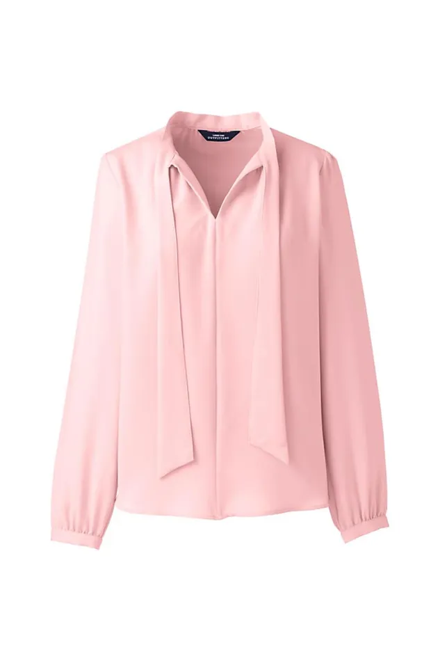 Lands039 End Shirts and Blouses Women Polyester Crepe Long Sleeve Tie Neck Popover Blouse Vintage Peony
