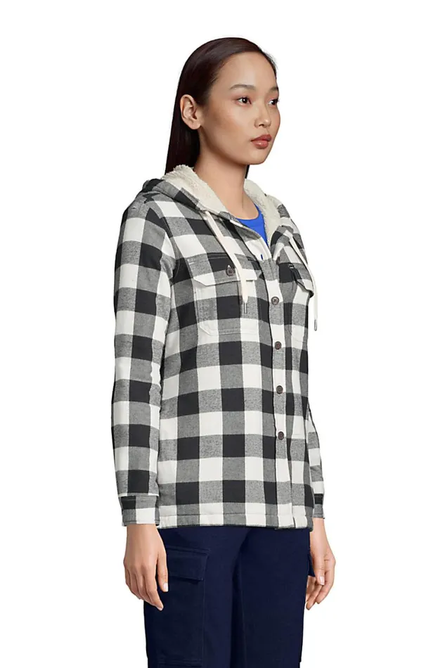 Lands039 End Shirts and Blouses Women Sherpa Fleece Lined Flannel Shirt Jacket Hoodie Shacket Rich Red Holiday Plaid