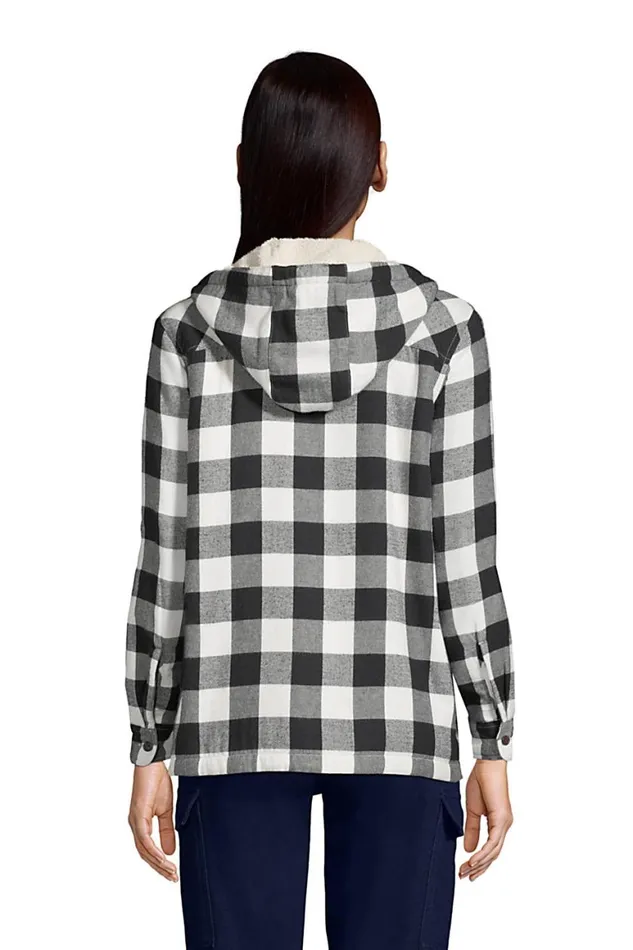 Lands039 End Shirts and Blouses Women Sherpa Fleece Lined Flannel Shirt Jacket Hoodie Shacket Rich Red Holiday Plaid