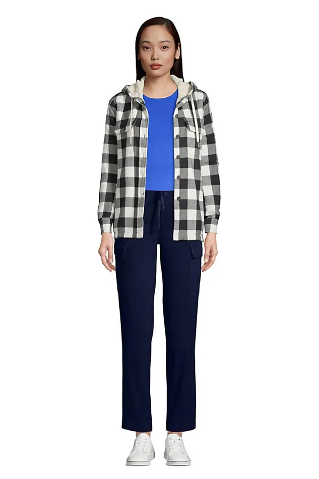 Lands039 End Shirts and Blouses Women Sherpa Fleece Lined Flannel Shirt Jacket Hoodie Shacket Rich Red Holiday Plaid