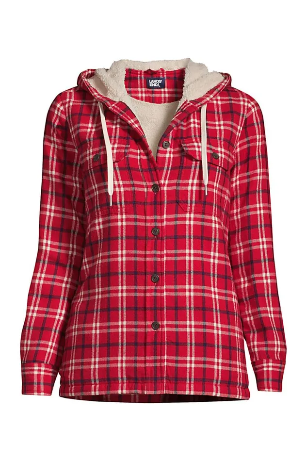 Lands039 End Shirts and Blouses Women Sherpa Fleece Lined Flannel Shirt Jacket Hoodie Shacket Rich Red Holiday Plaid