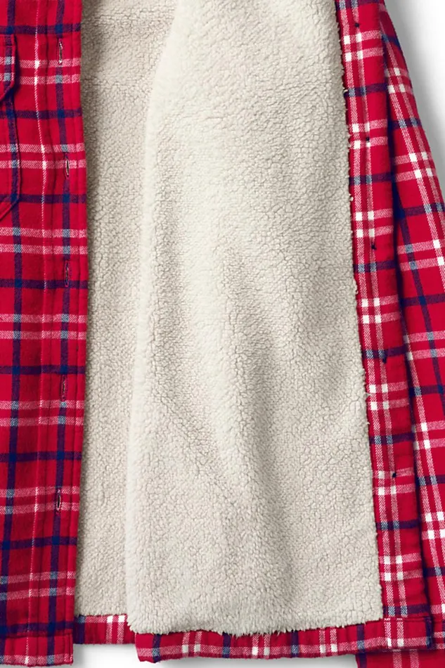 Lands039 End Shirts and Blouses Women Sherpa Fleece Lined Flannel Shirt Jacket Hoodie Shacket Rich Red Holiday Plaid