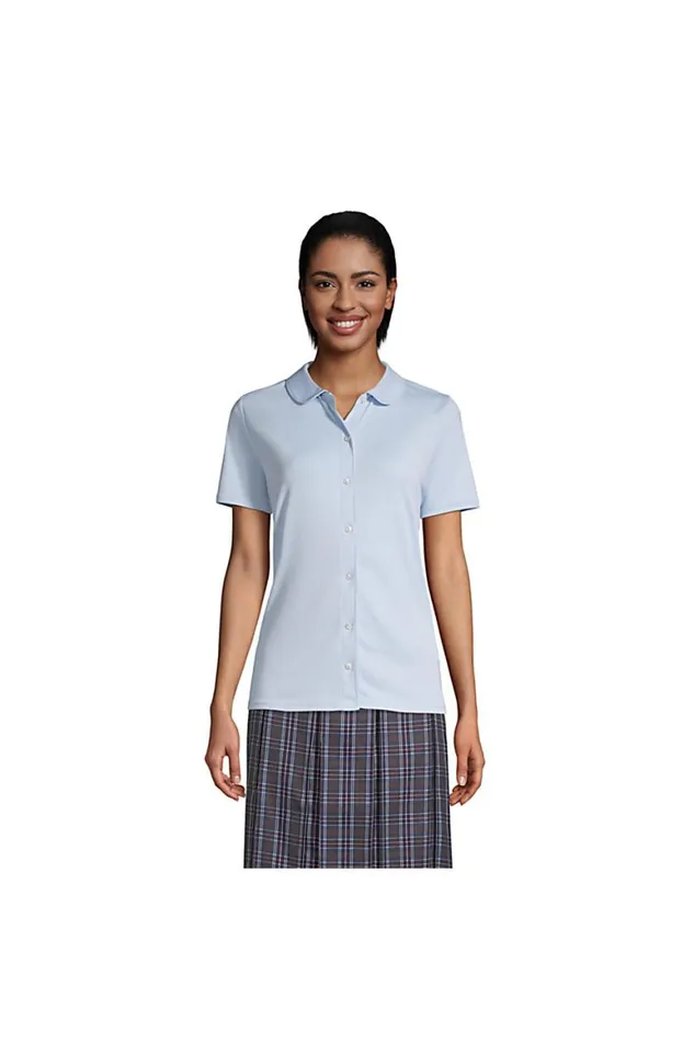 Lands039 End Shirts and Blouses Women Short Sleeve Button Front Peter Pan Collar Knit Shirt Blue