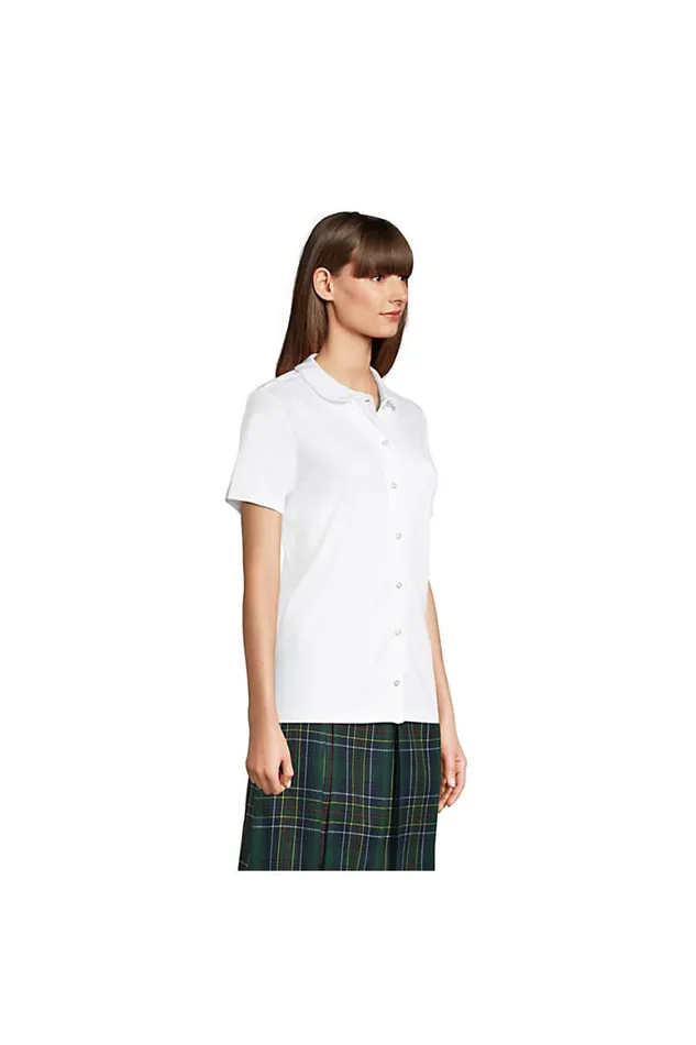 Lands039 End Shirts and Blouses Women Short Sleeve Button Front Peter Pan Collar Knit Shirt Blue
