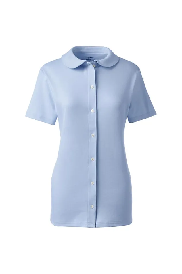 Lands039 End Shirts and Blouses Women Short Sleeve Button Front Peter Pan Collar Knit Shirt Blue