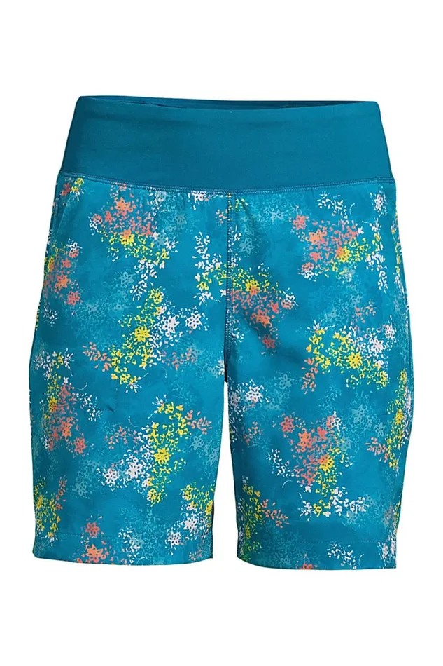 Lands039 End Shorts Women 7034 High Rise Everyday Active Shorts Baltic Teal Tie Dye Floral