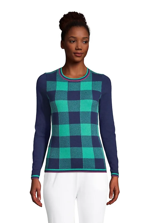 Lands039 End Sweaters Women Cashmere Crew Neck Sweater Tee 8211 Jacquard Seafoam Teal Buffalo Check Lands039 End Sweaters Women Cashmere Crew Neck Sweater Tee 8211 Jacquard Seafoam Teal Buffalo Check