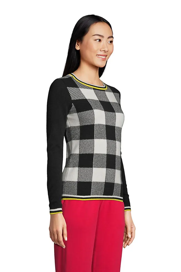 Lands039 End Sweaters Women Cashmere Crew Neck Sweater Tee 8211 Jacquard Seafoam Teal Buffalo Check