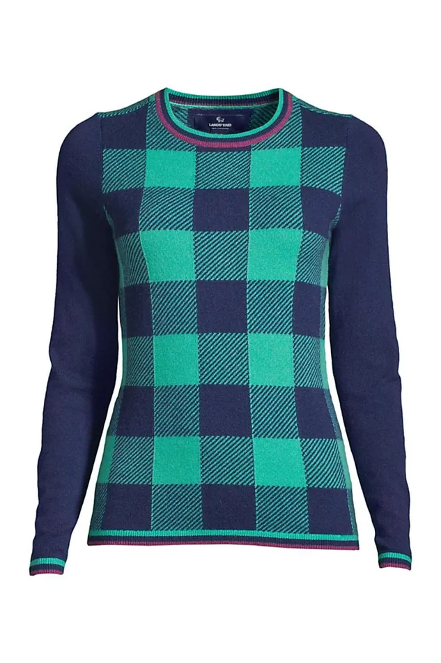 Lands039 End Sweaters Women Cashmere Crew Neck Sweater Tee 8211 Jacquard Seafoam Teal Buffalo Check