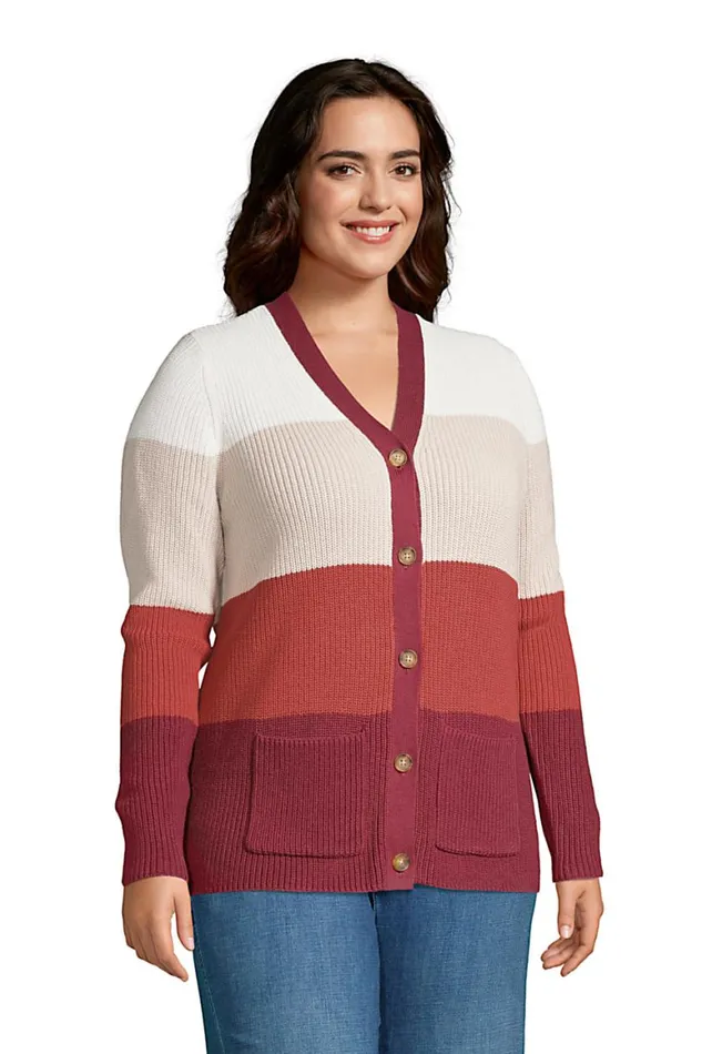 Lands039 End Sweaters Women Plus Size Cotton Drifter Cardigan Colorblock Sweater Rich Burgundy Colorblock