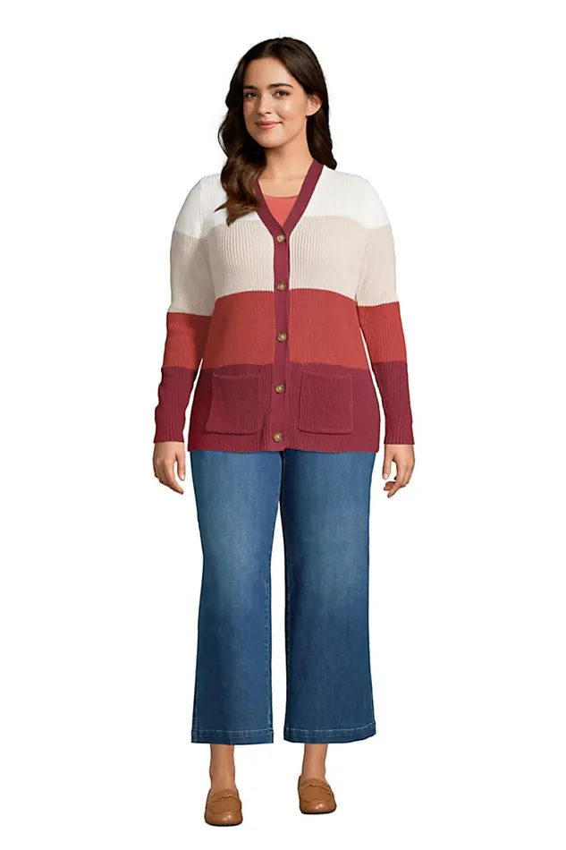 Lands039 End Sweaters Women Plus Size Cotton Drifter Cardigan Colorblock Sweater Rich Burgundy Colorblock