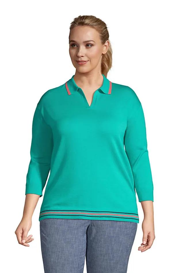Lands039 End Sweaters Women Plus Size Fine Gauge Cotton 34 Sleeve Polo Sweater Seafoam Teal Tipped Lands039 End Sweaters Women Plus Size Fine Gauge Cotton 34 Sleeve Polo Sweater Seafoam Teal Tipped