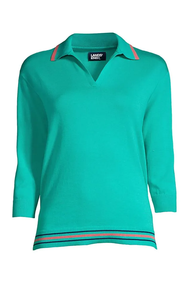 Lands039 End Sweaters Women Plus Size Fine Gauge Cotton 34 Sleeve Polo Sweater Seafoam Teal Tipped Lands039 End Sweaters Women Plus Size Fine Gauge Cotton 34 Sleeve Polo Sweater Seafoam Teal Tipped