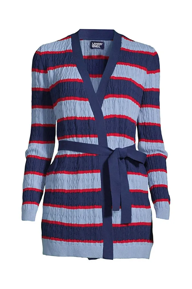 Lands039 End Sweaters Women Plus Size Fine Gauge Cotton Cable Tie Front Cardigan Sweaterstripe Cloudy Blue Multi Stripe Lands039 End Sweaters Women Plus Size Fine Gauge Cotton Cable Tie Front Cardigan Sweaterstripe Cloudy Blue Multi Stripe