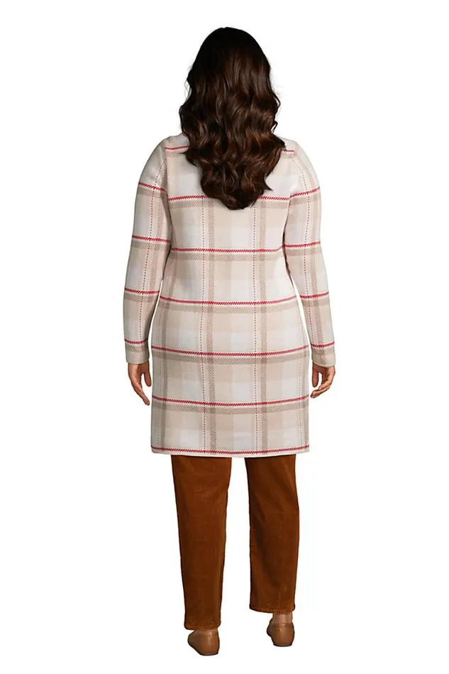 Lands039 End Sweaters Women Plus Size Lofty Coatigan 8211 Birdseye Jacquard Stone Beige Plaid