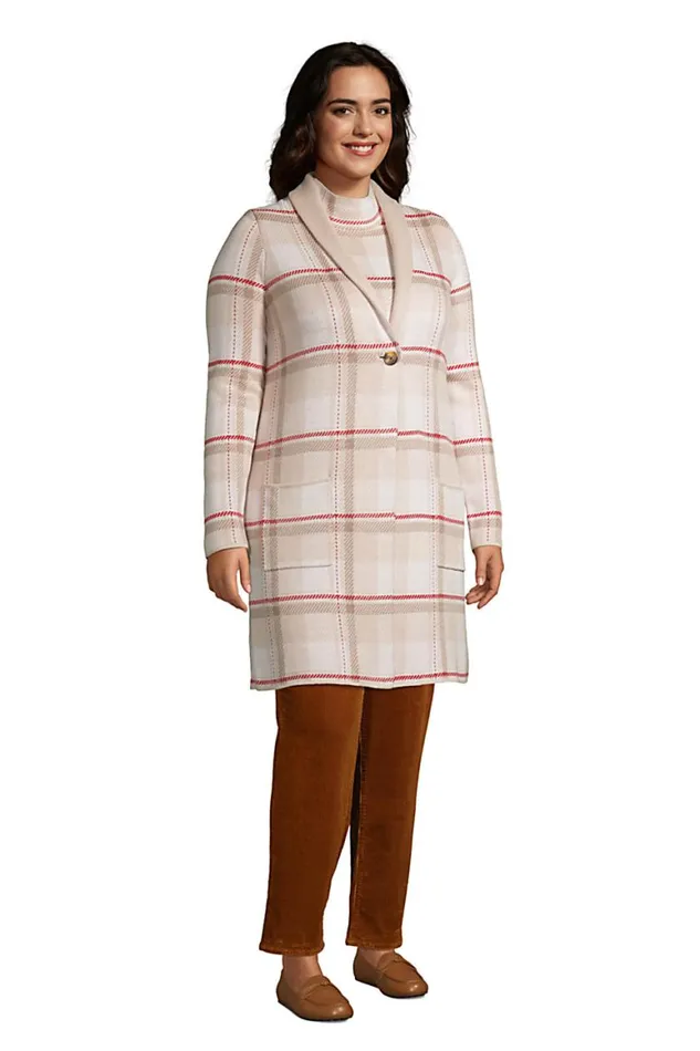Lands039 End Sweaters Women Plus Size Lofty Coatigan 8211 Birdseye Jacquard Stone Beige Plaid