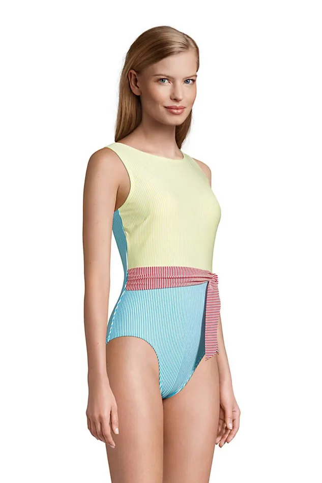 Lands039 End Swimsuits Women Chlorine Resistant Tummy Control High Neck Belted One Piece Swimsuit Seersucker Turquoise Lands039 End Swimsuits Women Chlorine Resistant Tummy Control High Neck Belted One Piece Swimsuit Seersucker Turquoise