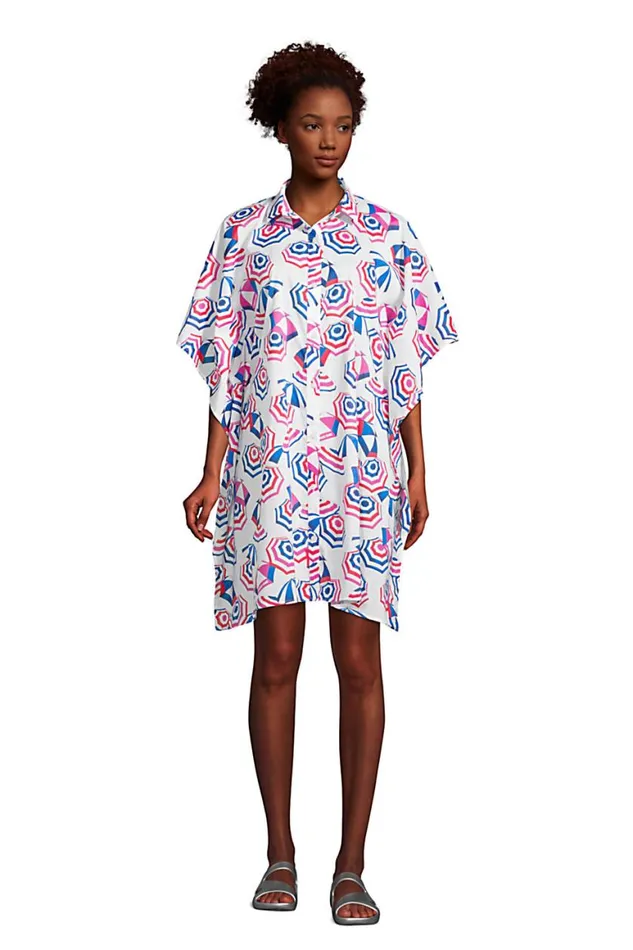 Lands039 End Swimsuits Women Cotton Poplin Button Down Kaftan Shirt Dress Swim Coverup White Beach Umbrella