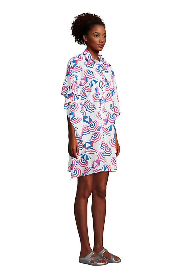 Lands039 End Swimsuits Women Cotton Poplin Button Down Kaftan Shirt Dress Swim Coverup White Beach Umbrella