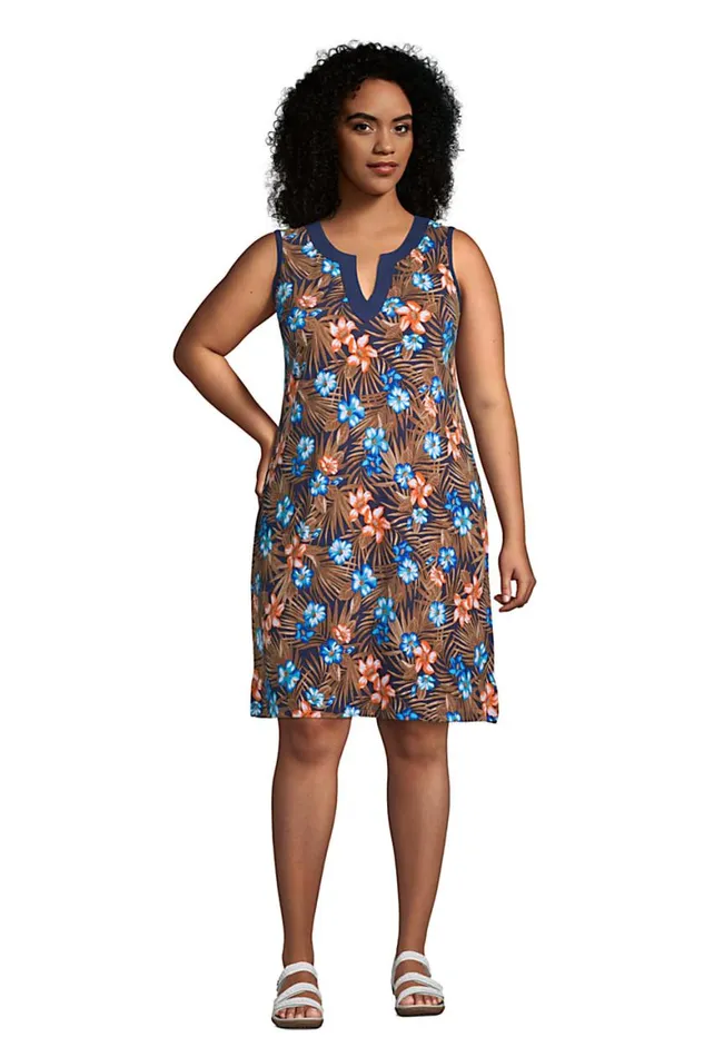 Lands039 End Swimsuits Women Plus Size Cotton Jersey Sleeveless Swim Coverup Dress Print Deep Sea Navy Tropic Palm