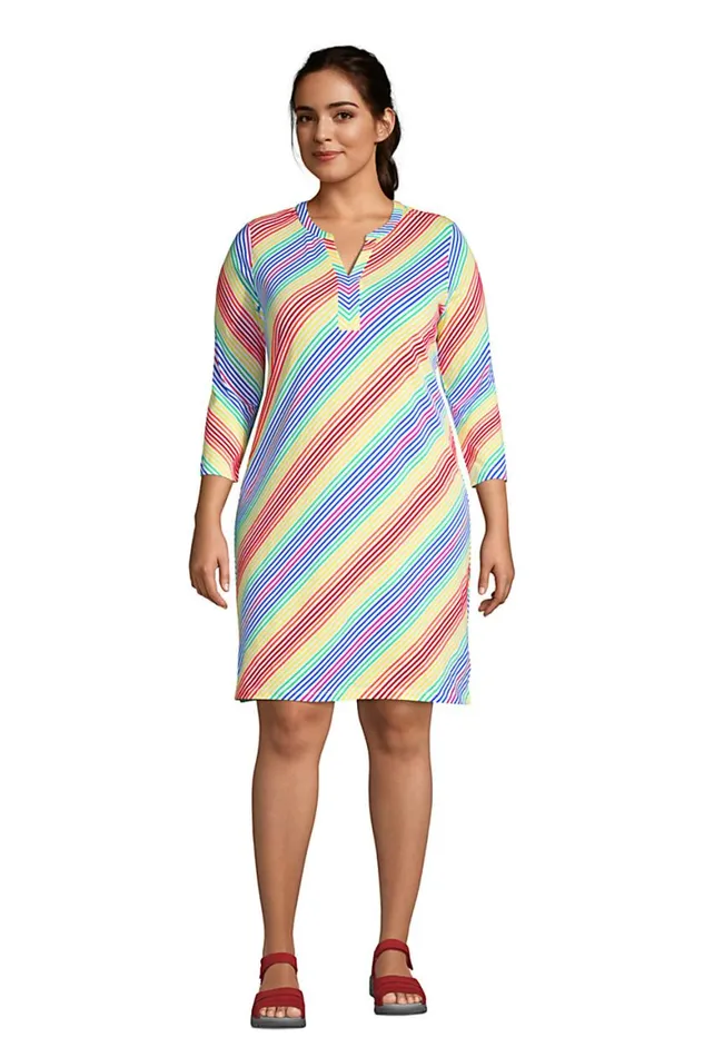 Lands039 End Swimsuits Women Plus Size Cotton Jersey Vneck 34 Sleeve Swim Coverup Dress Electric Blue Rainbow Stripes Lands039 End Swimsuits Women Plus Size Cotton Jersey Vneck 34 Sleeve Swim Coverup Dress Electric Blue Rainbow Stripes