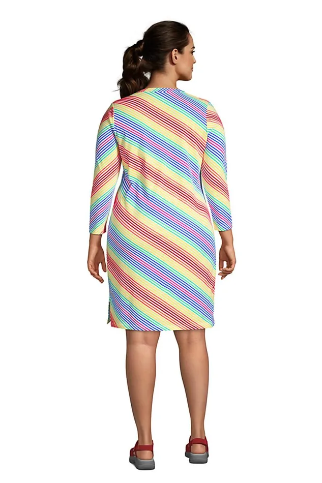 Lands039 End Swimsuits Women Plus Size Cotton Jersey Vneck 34 Sleeve Swim Coverup Dress Electric Blue Rainbow Stripes Lands039 End Swimsuits Women Plus Size Cotton Jersey Vneck 34 Sleeve Swim Coverup Dress Electric Blue Rainbow Stripes