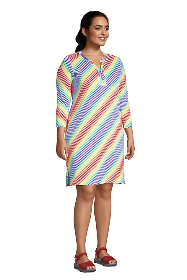 Lands039 End Swimsuits Women Plus Size Cotton Jersey Vneck 34 Sleeve Swim Coverup Dress Electric Blue Rainbow Stripes Lands039 End Swimsuits Women Plus Size Cotton Jersey Vneck 34 Sleeve Swim Coverup Dress Electric Blue Rainbow Stripes