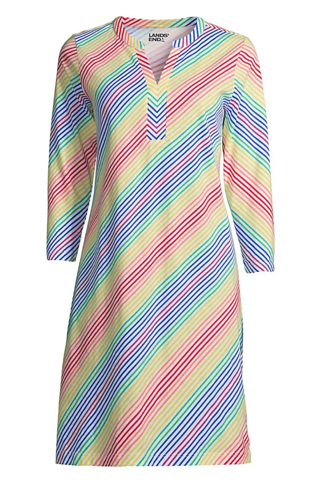 Lands039 End Swimsuits Women Plus Size Cotton Jersey Vneck 34 Sleeve Swim Coverup Dress Electric Blue Rainbow Stripes Lands039 End Swimsuits Women Plus Size Cotton Jersey Vneck 34 Sleeve Swim Coverup Dress Electric Blue Rainbow Stripes