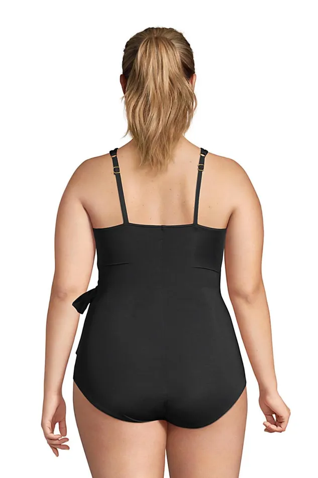 Lands039 End Swimsuits Women Plus Size Slender Tummy Control Vneck Wrap One Piece Swimsuit Black