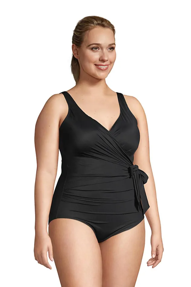 Lands039 End Swimsuits Women Plus Size Slender Tummy Control Vneck Wrap One Piece Swimsuit Black