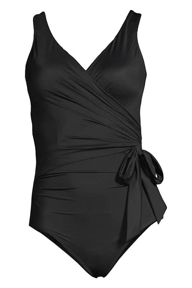 Lands039 End Swimsuits Women Plus Size Slender Tummy Control Vneck Wrap One Piece Swimsuit Black