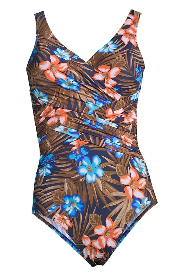 Lands039 End Swimsuits Women Slender Tummy Control Chlorine Resistant Vneck Wrap One Piece Swimsuit Print Deep Sea Navy Tropic Palm Lands039 End Swimsuits Women Slender Tummy Control Chlorine Resistant Vneck Wrap One Piece Swimsuit Print Deep Sea Navy Tropic Palm