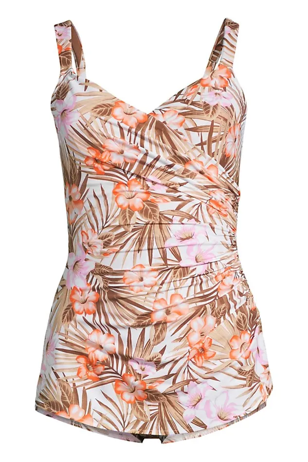 Lands039 End Swimsuits Women Slender Vneck Tummy Control Chlorine Resistant Skirted One Piece Swimsuit Print White Tropic Palm Lands039 End Swimsuits Women Slender Vneck Tummy Control Chlorine Resistant Skirted One Piece Swimsuit Print White Tropic Palm