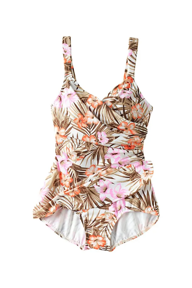 Lands039 End Swimsuits Women Slender Vneck Tummy Control Chlorine Resistant Skirted One Piece Swimsuit Print White Tropic Palm Lands039 End Swimsuits Women Slender Vneck Tummy Control Chlorine Resistant Skirted One Piece Swimsuit Print White Tropic Palm
