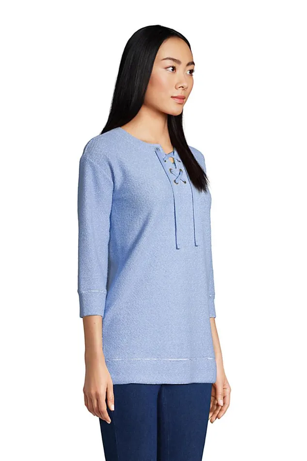 Lands039 End Tops and Tees Women 34 Sleeve Textured Lace Front Tunic Cloudy Blue Marl