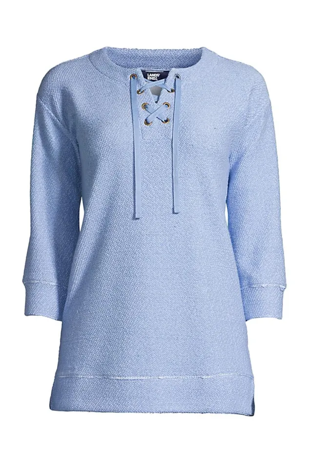 Lands039 End Tops and Tees Women 34 Sleeve Textured Lace Front Tunic Cloudy Blue Marl