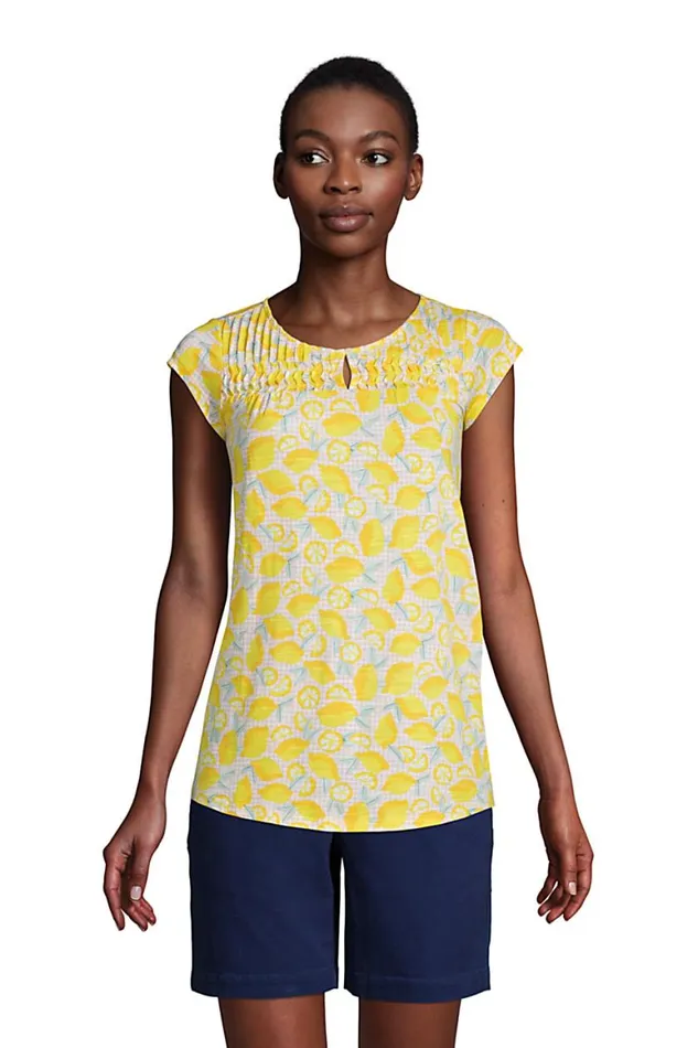 Lands039 End Tops and Tees Women Cap Sleeve Slub Jersey Pintuck Tunic Bright Sun Yellow Lemon Check Lands039 End Tops and Tees Women Cap Sleeve Slub Jersey Pintuck Tunic Bright Sun Yellow Lemon Check