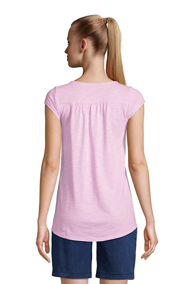 Lands039 End Tops and Tees Women Cap Sleeve Slub Jersey Pintuck Tunic Bright Sun Yellow Lemon Check