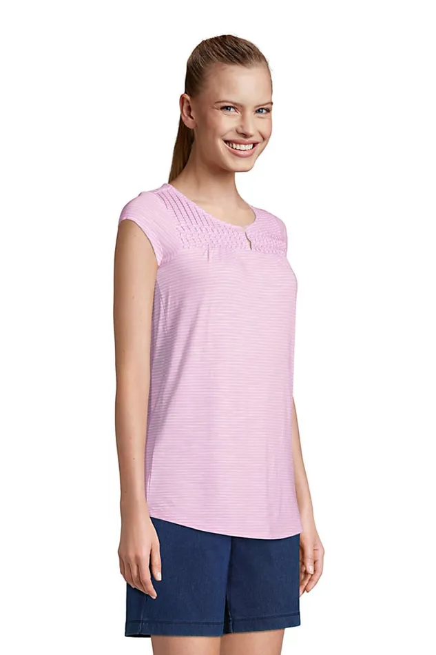 Lands039 End Tops and Tees Women Cap Sleeve Slub Jersey Pintuck Tunic Bright Sun Yellow Lemon Check
