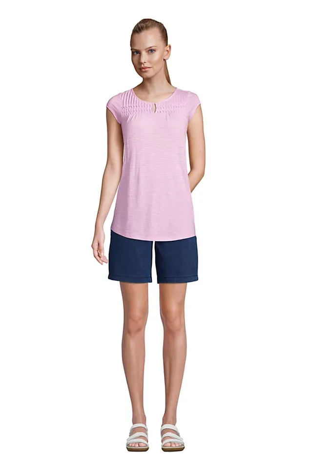 Lands039 End Tops and Tees Women Cap Sleeve Slub Jersey Pintuck Tunic Bright Sun Yellow Lemon Check