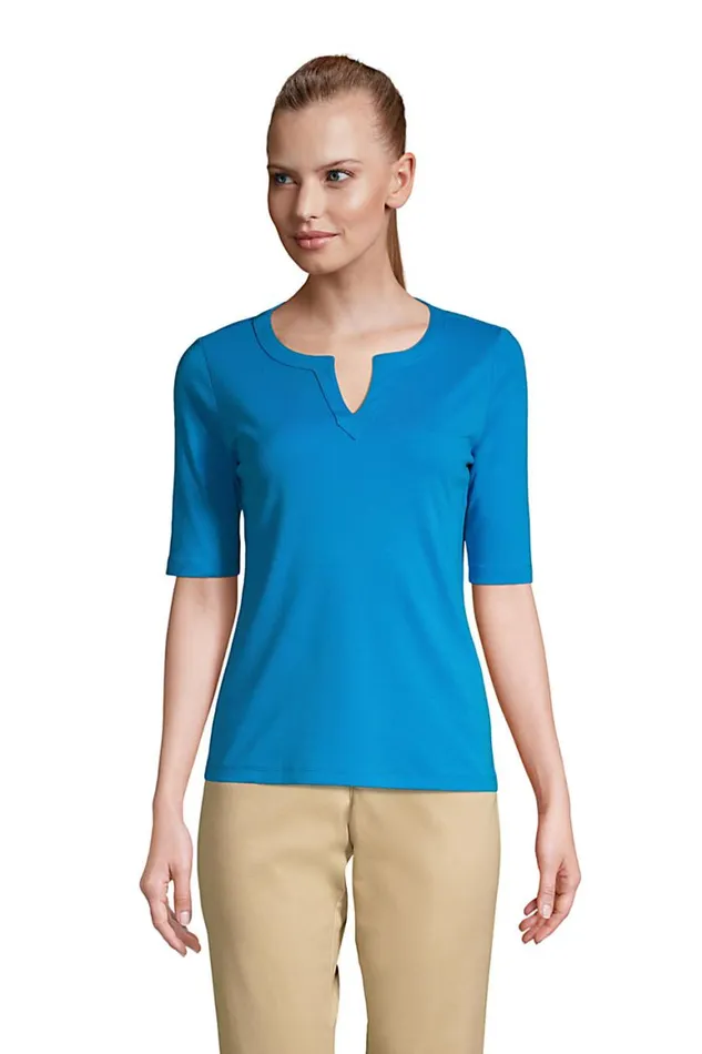 Lands039 End Tops and Tees Women Cotton Polyester Modern Half Sleeve Splitneck Siam Blue Lands039 End Tops and Tees Women Cotton Polyester Modern Half Sleeve Splitneck Siam Blue