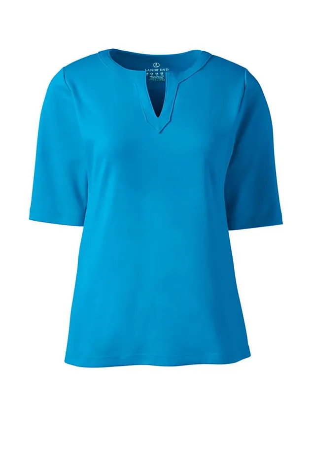 Lands039 End Tops and Tees Women Cotton Polyester Modern Half Sleeve Splitneck Siam Blue Lands039 End Tops and Tees Women Cotton Polyester Modern Half Sleeve Splitneck Siam Blue