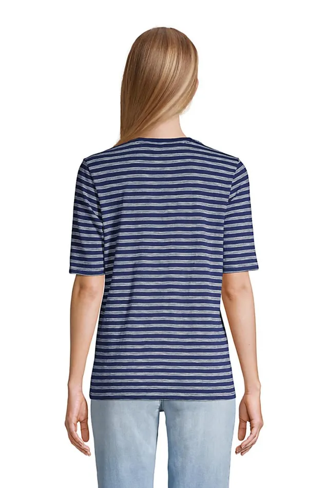 Lands039 End Tops and Tees Women Elbow Sleeve Slub Jersey Crew Neck Logo Graphic Tshirt Deep Sea Navy